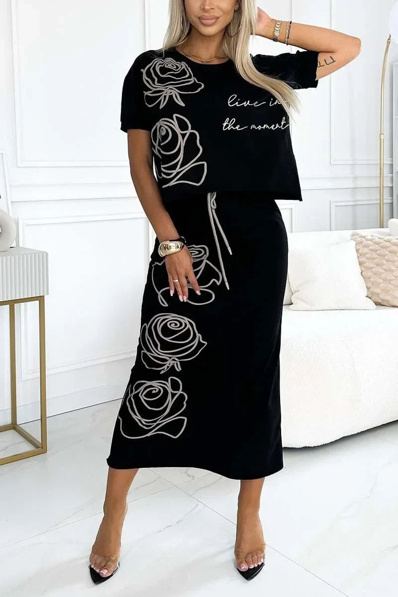 BellaVogue™ - Casual Two-Piece Floral T-Shirt & Midi Skirt Set