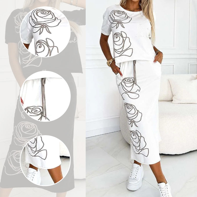 BellaVogue™ - Casual Two-Piece Floral T-Shirt & Midi Skirt Set