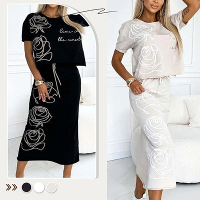 BellaVogue™ - Casual Two-Piece Floral T-Shirt & Midi Skirt Set