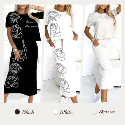 BellaVogue™ - Casual Two-Piece Floral T-Shirt & Midi Skirt Set