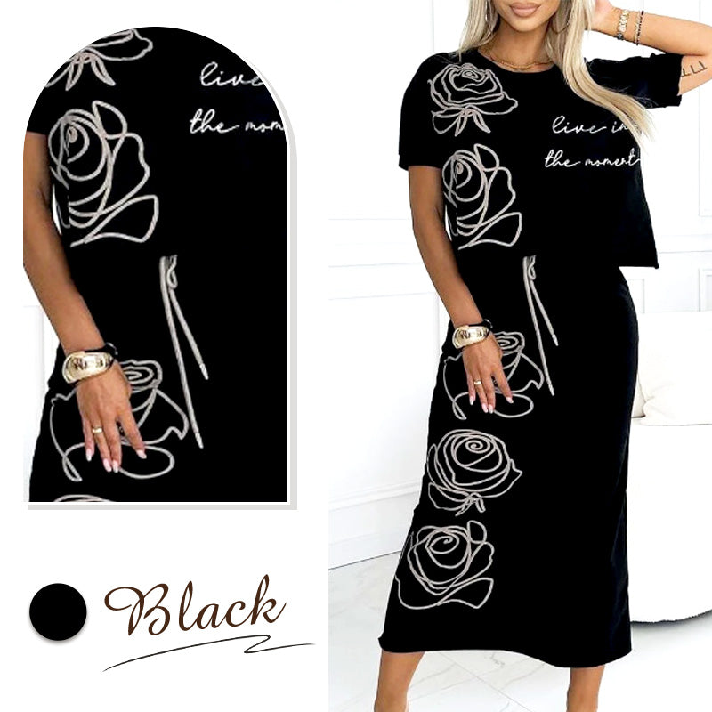 BellaVogue™ - Casual Two-Piece Floral T-Shirt & Midi Skirt Set