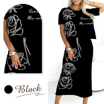 BellaVogue™ - Casual Two-Piece Floral T-Shirt & Midi Skirt Set